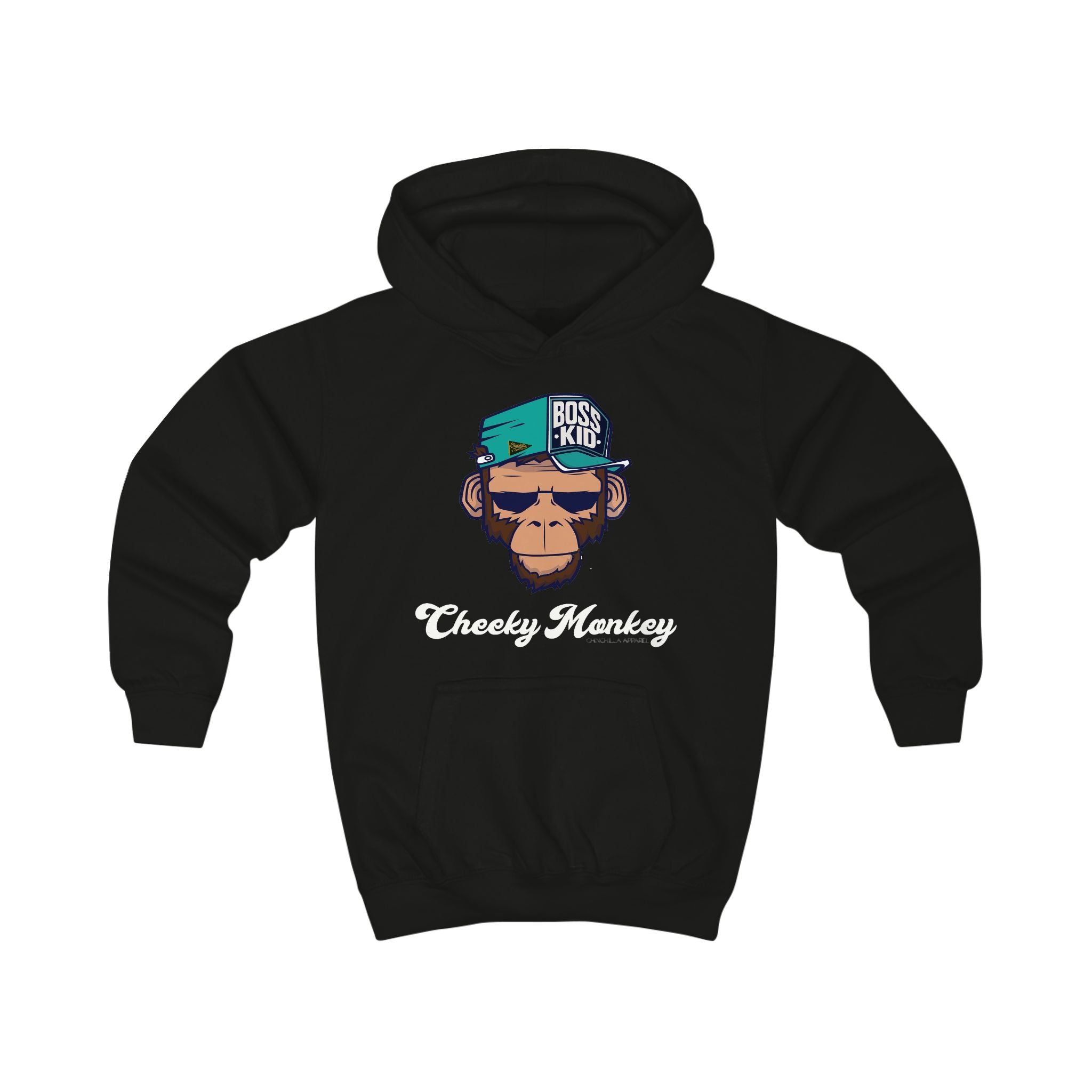 Black hoodie with monkey graphic and text on a white background
